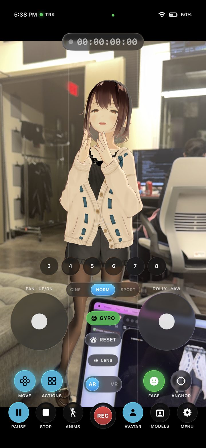 A VTuber avatar performing in AR in a real room