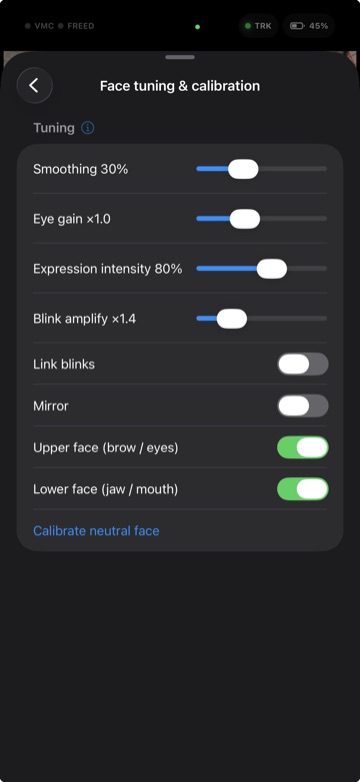 VTOKU Cam face tuning and calibration settings