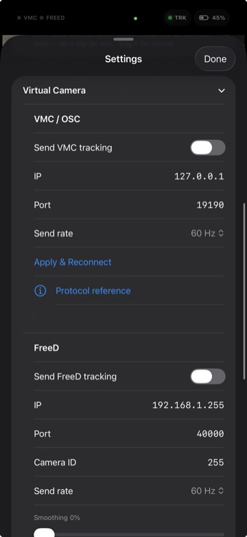 VTOKU Cam Senders panel with OSC and FreeD enabled