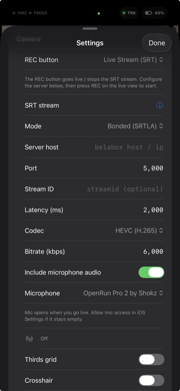 VTOKU Cam SRT and SRTLA streaming settings